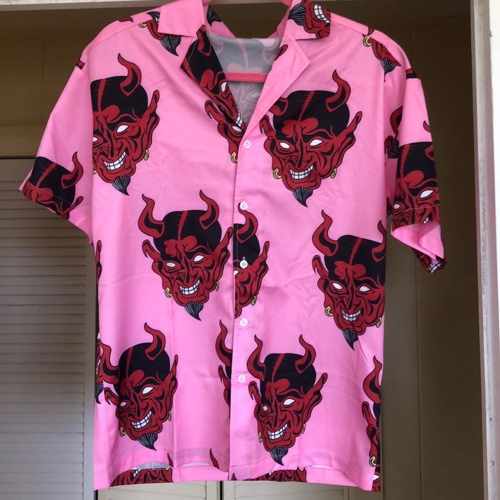 Pink and red Devil button down shirt